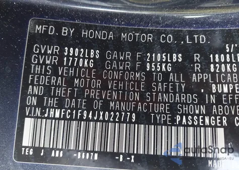 2018 Honda Civic Touring from USA, damaged, VIN JHMFC1F94JX022779
